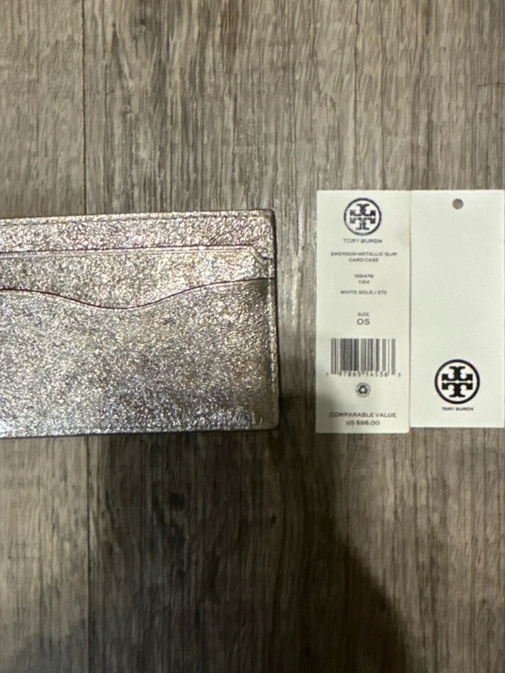 Tory Burch White Gold Metallic Slim Card Holder